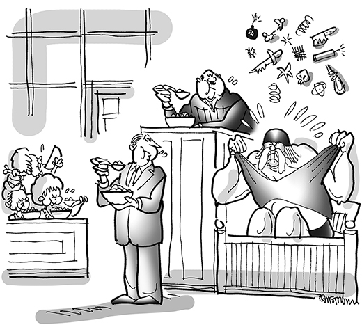 wrestler Hulk Hogan having tantrum while judge and lawyer eat cereal