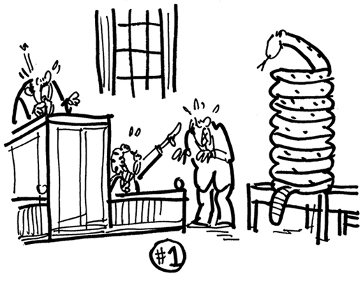 witness pointing out snake to fearful judge and lawyer in courtroom