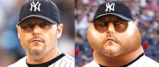 before and after images for caricature of baseball pitcher Roger Clemens