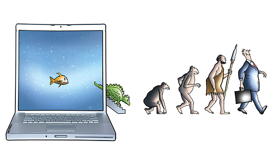 color version of humorous drawing which is a parody of human evolution