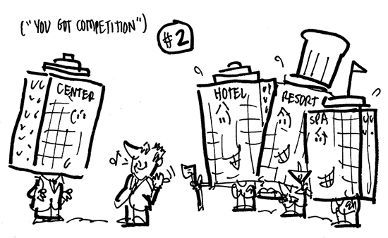 man indicating that several conference centers are competing for his business