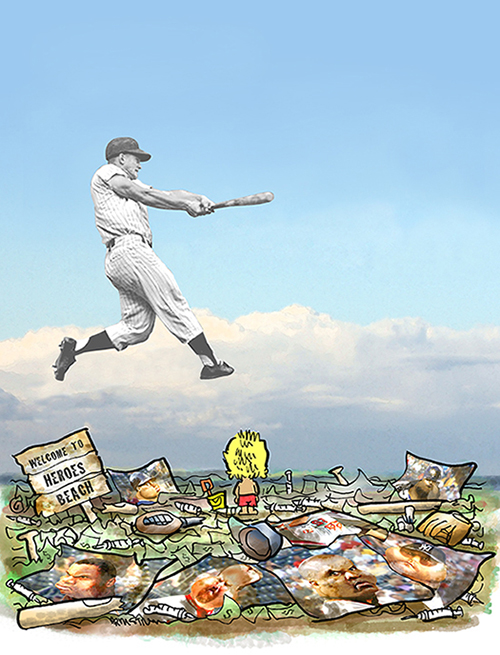 little kid watching ghostly image of baseball slugger Roger Maris in sky