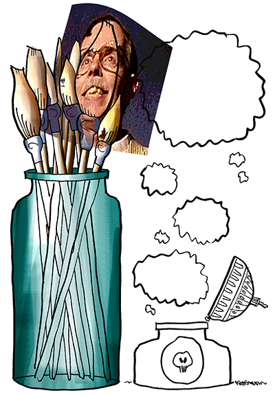 Mark Armstrong photo pasted into drawing of brushes in bottle as part of drawing board logo