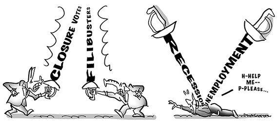 congress daily political cartoon showing Democrats and Republicans as fencers engaged in political gamesmanship