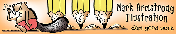 old blog header for mark armstrong illustration showing cartoon beaver who has chomped ends off pencils