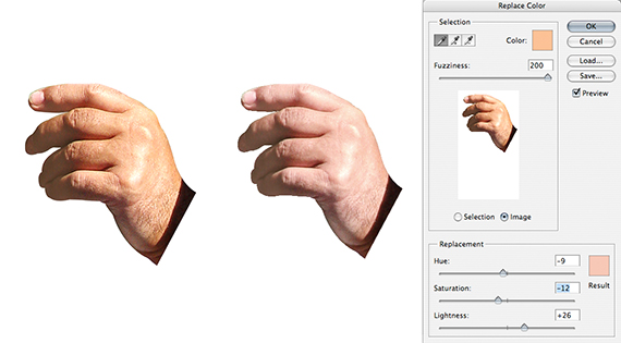 hand with yellow cast being adjusted using Replace Color Command in Photoshop