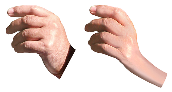 extracted hand photo and same hand after being stretched using Warp tool in Photoshop