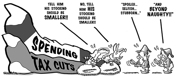 political cartoon about Democrats and Republicans hanging up spending and tax cut Christmas stockings