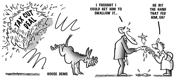political cartoon showing House Democrats biting Obama's hand and rejecting his tax cut deal with Republicans