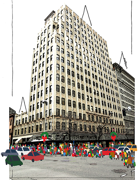 magazine Christmas cover with artistic filter, shoppers, and cars in downtown setting