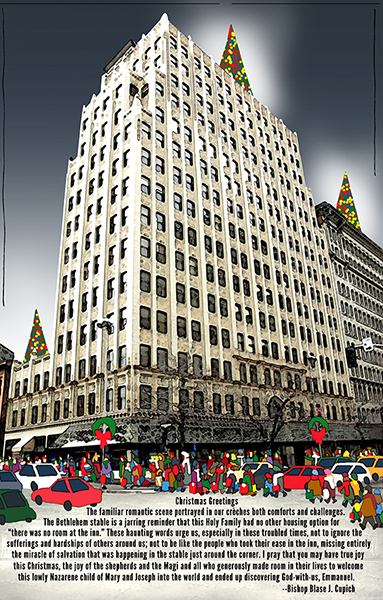 magazine Christmas cover with Paulson Building, find edges, night sky, Christmas trees, and bishop's message