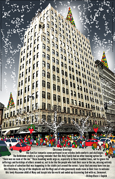 magazine Christmas cover with downtown Spokane, shoppers, falling snow, and white tree lights