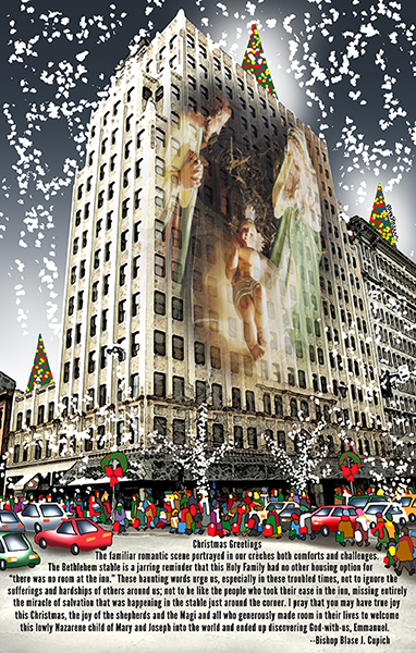 magazine Christmas cover showing Nativity Scene shining through Paulson Building in downtown Spokane, WA
