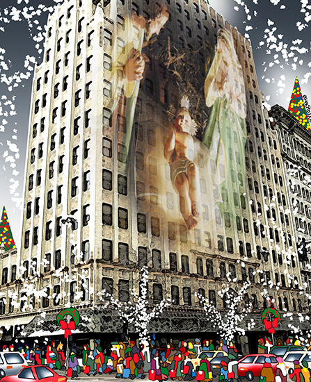 detail of Christmas cover showing Manger Scene and the Paulson Building in downtown Spokane, WA