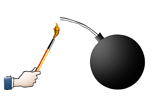 hand lighting bomb fuse with pen part of Inside Counsel Magazine lawsuit illustration
