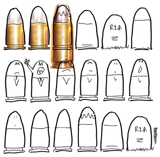 posterized photo of 9mm bullet used to color B&W line drawing of bullets