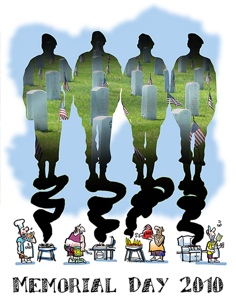 chefs cooking on barbeque grills on Memorial Day with smoke revealing graves of fallen soldiers