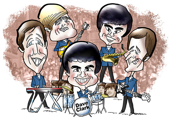 group caricature of British Invasion rock and roll band the Dave Clark 5