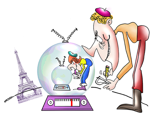fashion designers with crystal balls picking up signals from Eiffel Tower