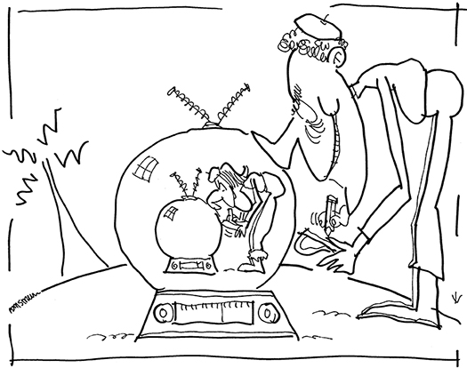 line drawing of fashion designers stealing ideas from the French and each other