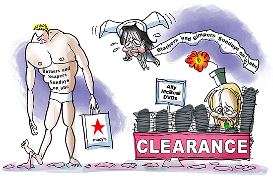 caricatures of Brothers & Sisters stars Sally Field and Calista Flockhart and a Macy's shopper