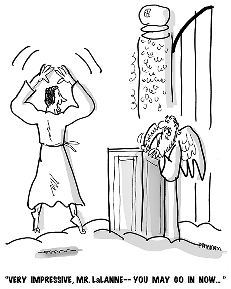 gag cartoon showing famous bodybuilder and fitness guru Jack LaLanne doing jumping jacks in front of Saint Peter at the Pearly Gates