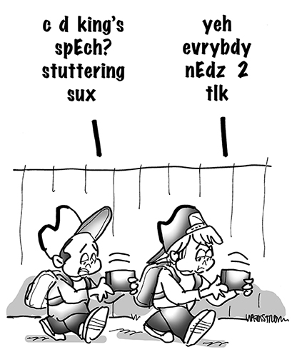 KingsSpeech cartoon of two kids texting back and forth to each other about the movie The King's Speech