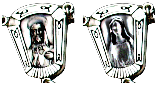 comparison showing how rosary centerpiece chrome image was changed from Sacred Heart of Jesus to Virgin Mary
