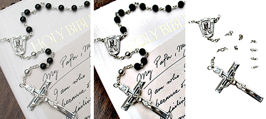 image sequence showing how crucifix and parts of Catholic rosary were extracted from photograph using Photoshop