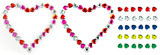 image sequence showing how heart-shaped glass beads were extracted from photograph and colored using Photoshop