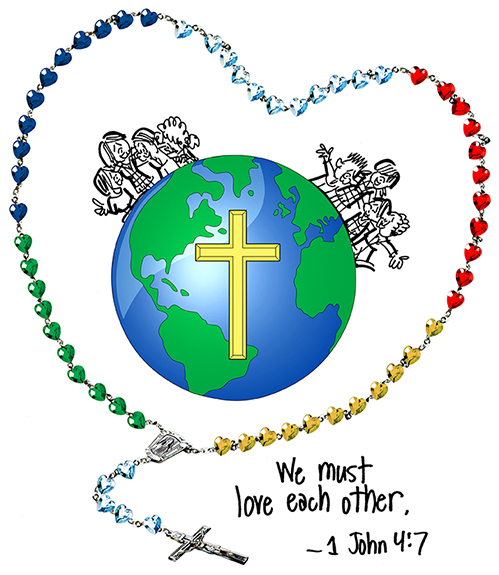 globe and Christian cross inserted into Catholic rosary image with we must love each other text