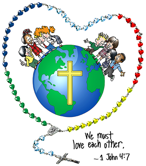 Catholic school children standing on globe encircled by rosary with text saying we must love each other from John's Gospel