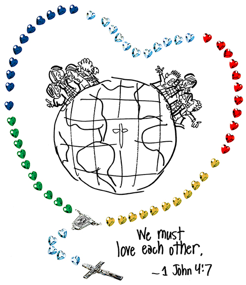 glass beads and crucifix positioned to form heart-shaped rosary encircling globe