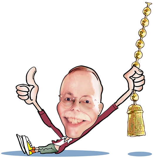 caricature of Mark Armstrong as cartoon character giving thumbs-up and pulling on a chain with a tassel