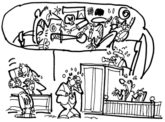 courtroom cartoon about a case involving verbal abuse and a man who claimed his boss's voice made him physically ill