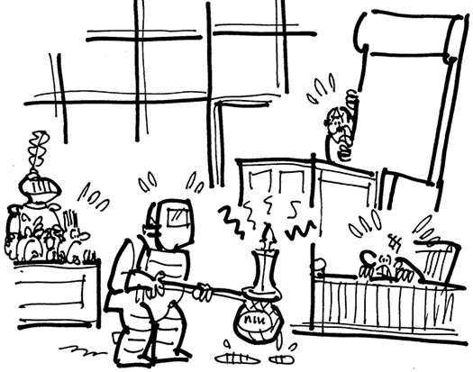 courtroom cartoon about a nail polish manufacturer which sued because of defective bottles which caused its product to explode on store shelves