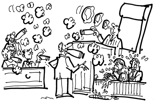 courtroom cartoon about a case where a couple claimed their children were sickened by the cigar smoking of the man in the next apartment