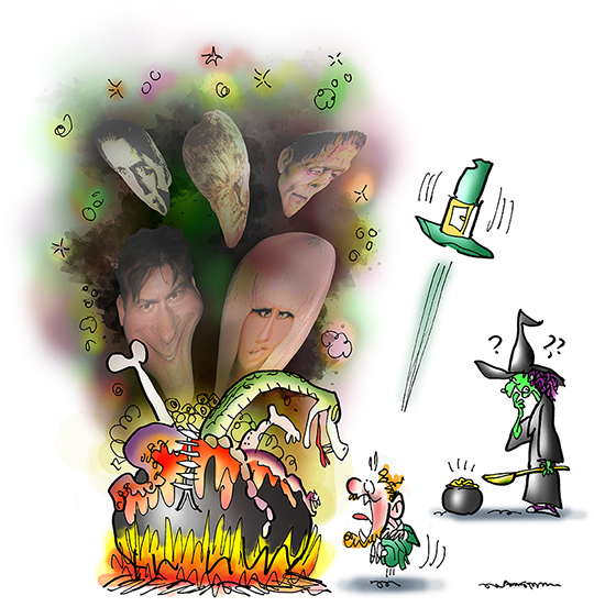 leprechaun looking at boiling cauldron seeing snake, bones, Charlie Sheen, Lady Gaga, Frankenstein, Dracula, Wolfman, while witch looks at pot of gold