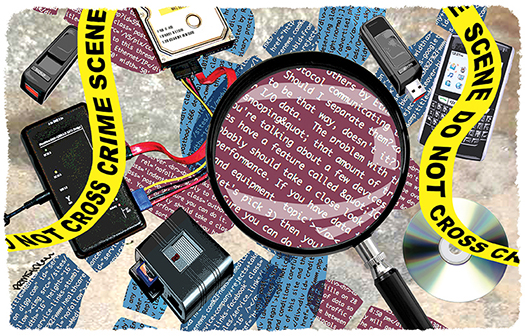 illustration for Inside Counsel about eDiscovery which deals with forensics and possible computer crimes and gathering digital evidence from emails, smartphones, hard drives, and other data storage devices