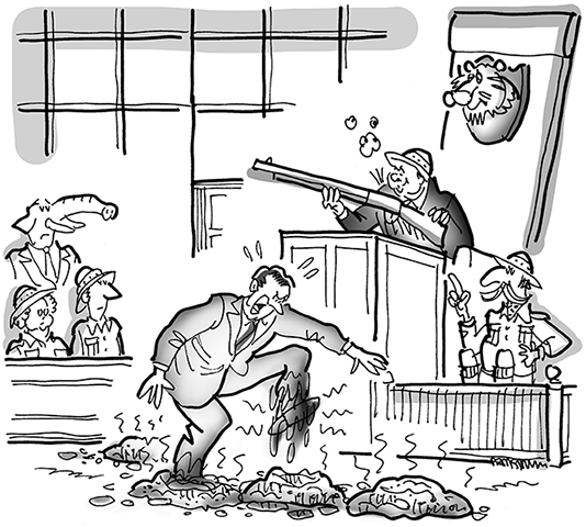 lawsuit cartoon about a guy who went on a safari in Africa and sued the travel company because he didn't get a chance to shoot an elephant