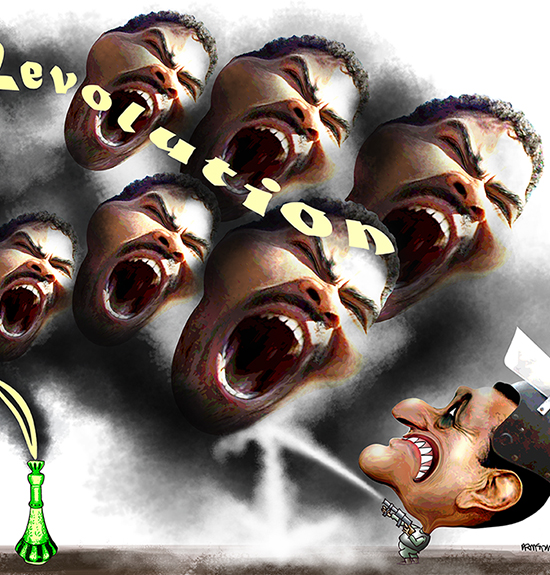 GenieBottle2 illustration about the Jasmine Revolution and the Egyptian uprising in which crowds defied tear gas and forced President Mubarak to resign