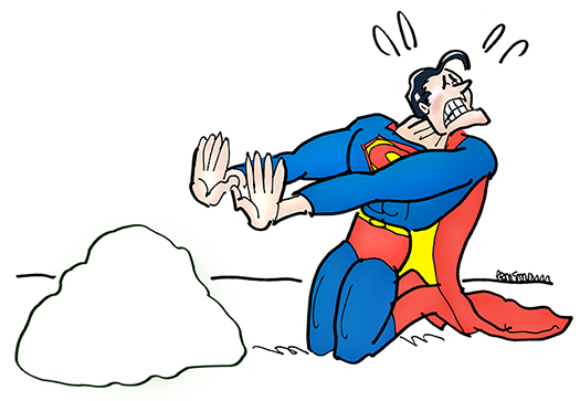 Superman cartoon character kneeling in front of a rock