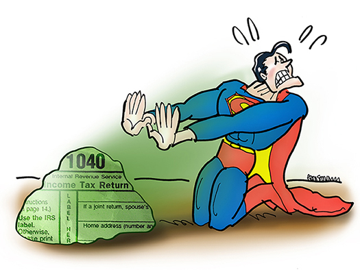 Superman cartoon character kneeling in front of rock covered with 1040 tax form text and being hit with deadly Kryptonite income tax rays