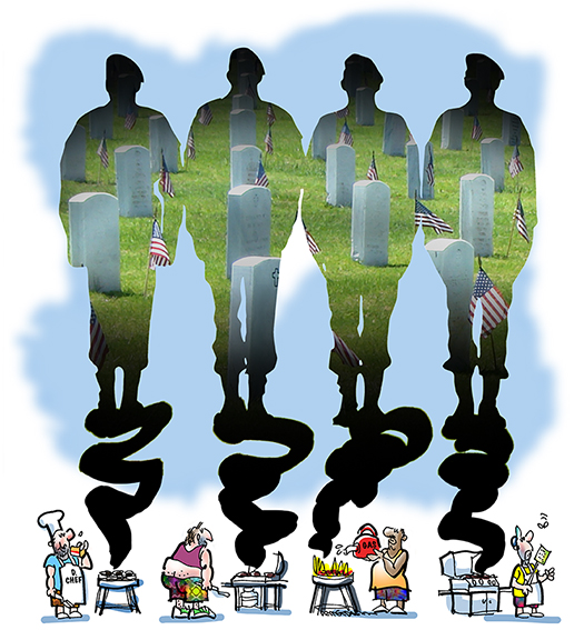 Four backyard chefs barbecuing on Memorial Day with smoke forming image of four soldiers standing at attention, with military cemetery graves visible through smoke