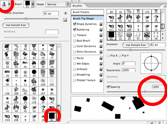 Photoshop dialogue windows showing settings for Clone Stamp Tool for making confetti