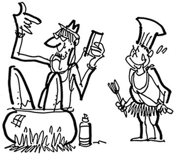 HipsterRoast2.5 B&W sketch of hipster with fedora, iPod, and water bottle being cooked in pot by cannibal wearing chef's hat