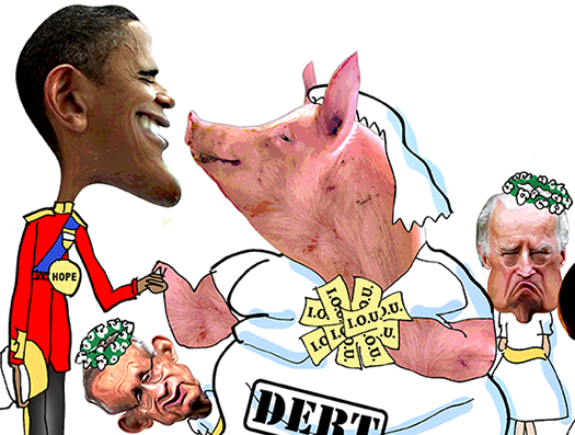 Close-up of Royal Wedding spoof with Obama marrying Debt Pig, and Harry Reid and Joe Biden as bridesmaids