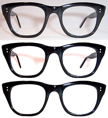 photo sequence showing how I was able to extract the front of a pair of black thick-framed eyeglasses from a yellowish photo