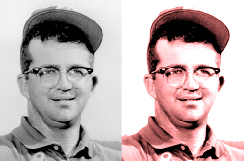 1960s era PGA Tour golf pro Mason Rudolph compare showing original B&W photo and sharpened colorized enhanced photo