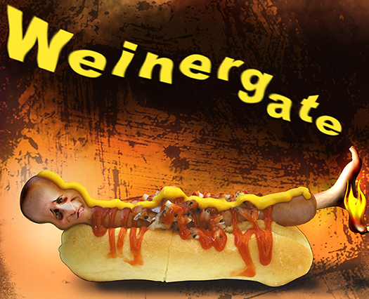 Weinergate illustration with Congressman Anthony Weiner depicted as a hot dog in a bun with a flaming match keeping his feet to the fire